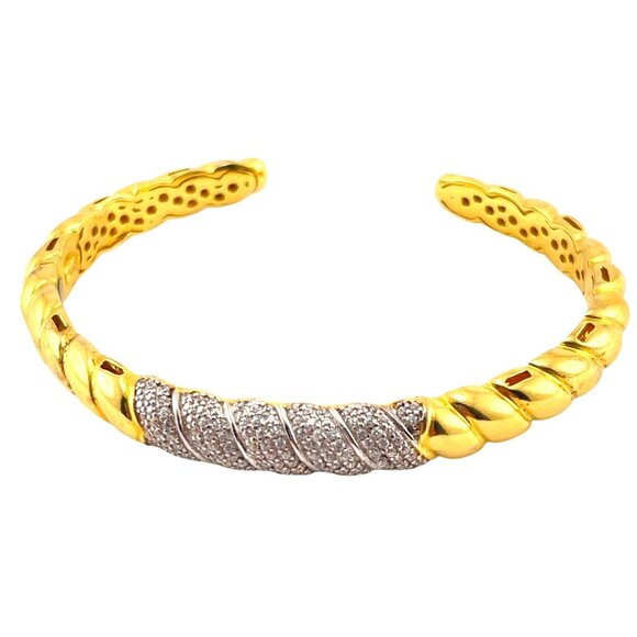 Gold Vermeil 925 Silver Twisted Cuff Bracelet With Diamond Accents Made In Italy - Picture 2 of 8